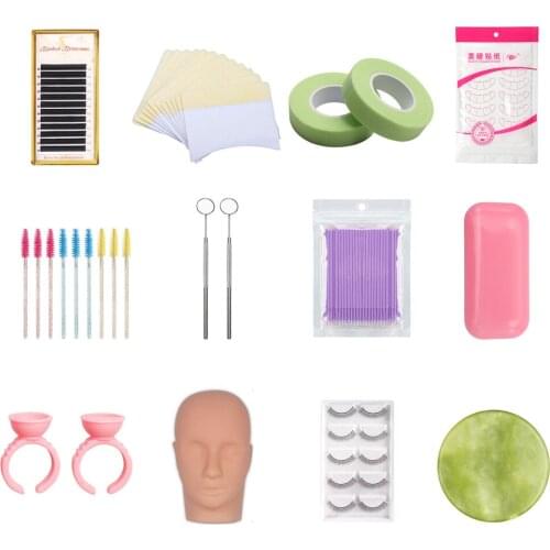 New False Eyelash Extension Training Kit Practice Model Head Eye Pads Tweezers Glue Ring Brush Grafting Eyelash Makeup Tools Set
