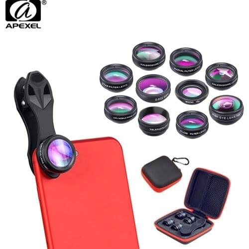 APEXEL 50pcs/lot 10 in 1 Phone lens Fisheye lens Wide Angle macro Lens CPL Filter Kaleidoscope telescope Lens for smartphone