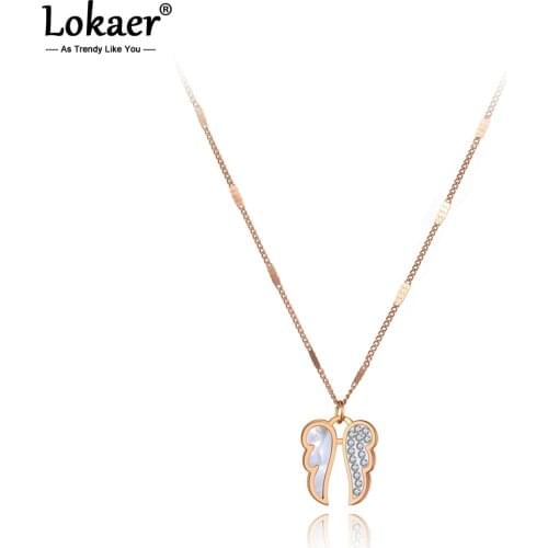 Lokaer Bohemia Design Shell & Crystal Double Wings Charm Pendant Necklaces For Women Trendy Stainless Steel Necklace N20171