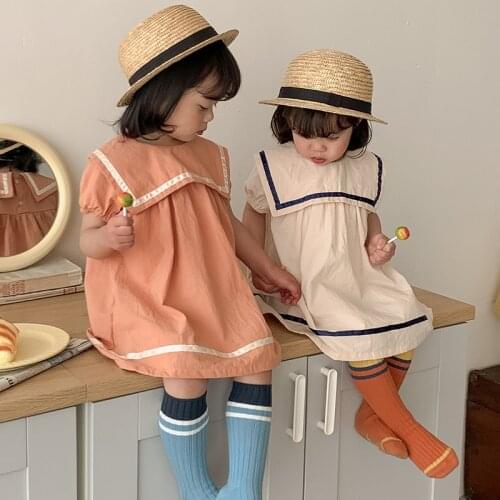 Baby Girls Dress College Style Spring Summer Solid Short Sleeve Dress Kids Clothing Princess Dresses Sailor Suit A-line Skirt