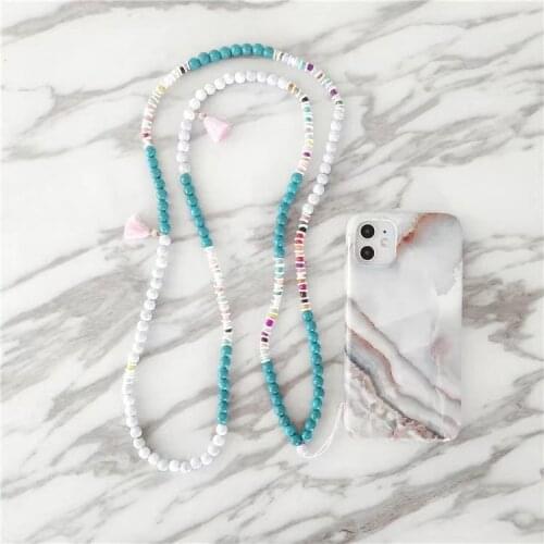 Tassel Charm Chain White Wood beads long Necklace Strap Lanyard Card Mobile Phone Chain Straps phone Hang Rope