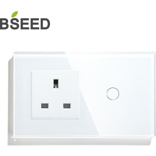 BSEED EU UK Standard Touch Switch 1Gang 1 Way 2 Way Wall Switch With Socket 3 Colors Crystal Glass Panel Switch