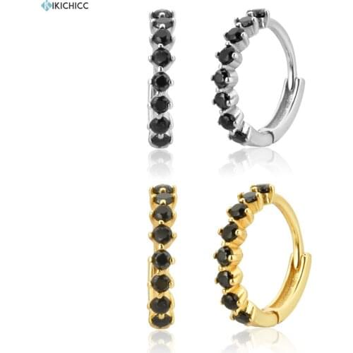 Kikichicc 100% 925 Sterling Silver 9.5mm Black Zircon CZ Huggies Hoops Piercing Round Ohrringe Earring Rock Punk European