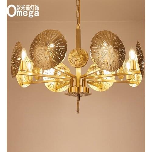 Nordic post-modern copper chandelier creative copper leaf living room dining room bedroom study villa showroom high-end lamps