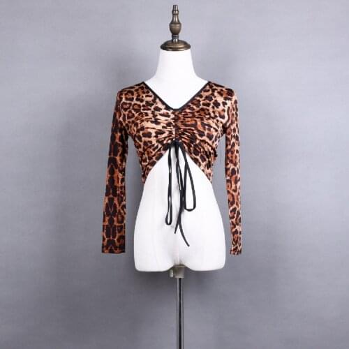 Women Latin Dance Tops Adult Ladies Leopard Practice Clothing Dancing Drawstring Adjustable Length High Waist Short Crop Top