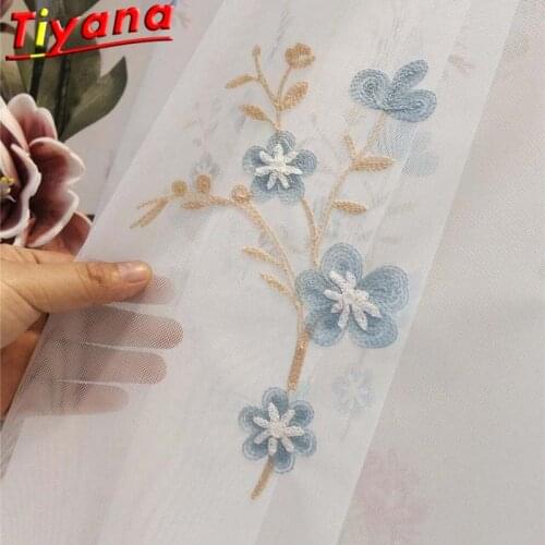Blue Little Flower Embroidered White Curtain for Living Room Minimalism Tulle Mesh Window Drpes for Kitchen Balcony X-HM148#45