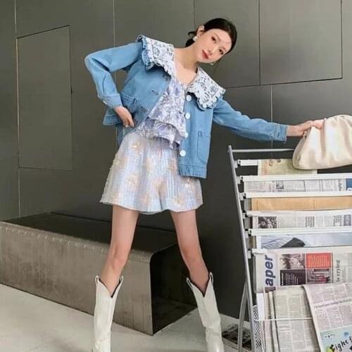 2021 Autumn Korean Fashion Loose Short Denim Jacket Womens Age Reduction Temperament Splicing Lace Doll Collar Long Sleeve Top