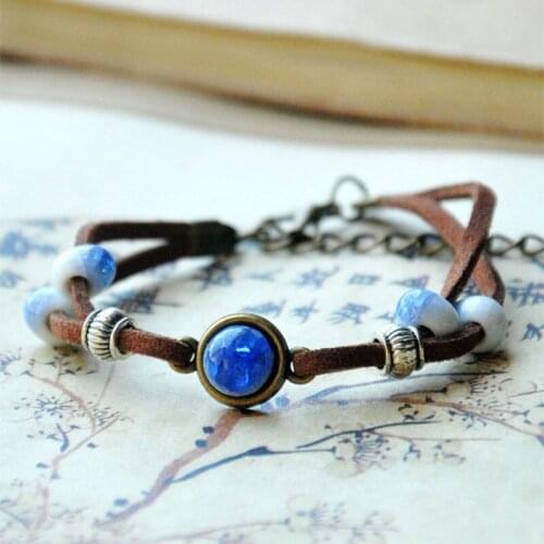 10 piece/lot Women Men Bracelets Ceramic Beads Silver Charm Leather Chain Cuff Bangle Wristbands Adjustable Fashion Jewelry