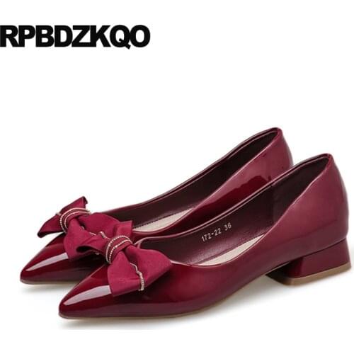 Pumps Slip On Red 2021 Ladies Low Heels Shoes Patent Leather Black Cheap Block Thick Pointed Toe Designer Bow Chunky Fashion New