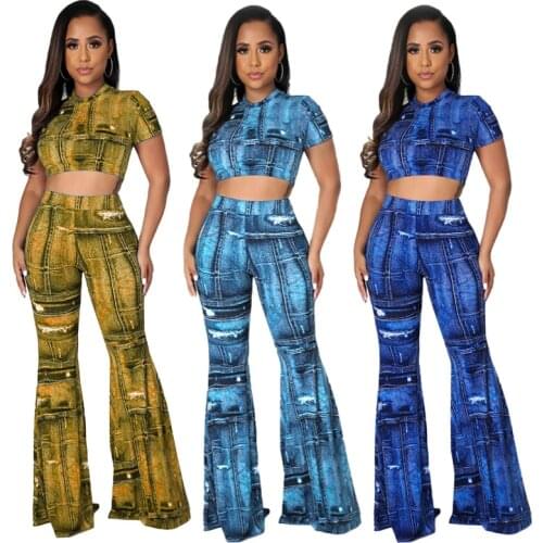 Fashion Print Round Neck Short Sleeve Sexy Crop Top and Flare Trousers Two Piece Sets Women Outfits Summer Casual Suits
