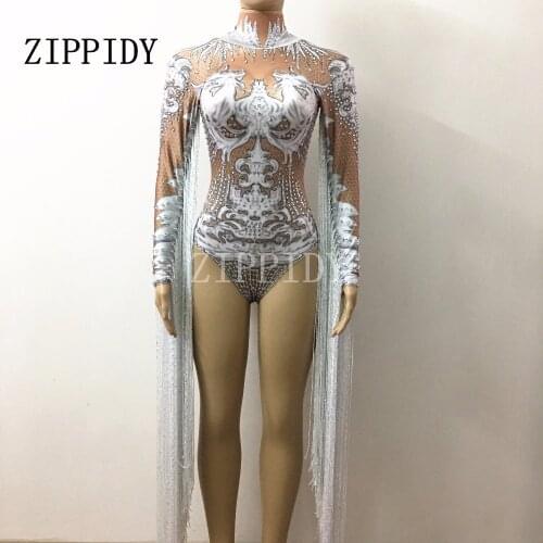 Glisten Rhinestones LongTassel White printed Bodysuit Shining Crystals Stertch Leotard Female Singer DJ Outfit Bar Party Costume