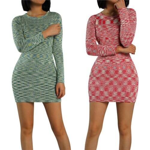 Female Knitted Dress Women’ s Tie-Dyed O-Neck Long Sleeve Backless for Summer Fall S/M/L