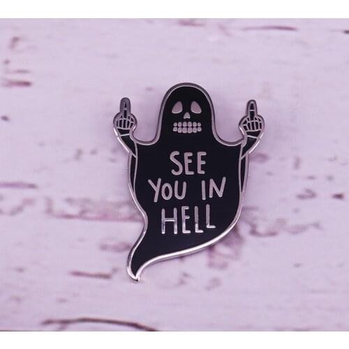 See You In Hell Enamel Pin Middle Finger Ghost Horror Badge