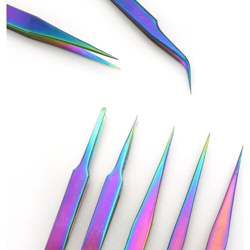 7 Type Chameleon Rainbow Eyebrow Tweezers Elbow Flat Tip Stainless Steel Face Hair Removal Trimmer Eyelash Clip Cosmetic Tools