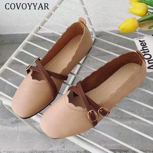 COVOYYAR 2021 Buckle Women Ballet Flats Soft Flat Shoes Woman Autumn PU Leather Casual Slip on Lady Shoes Vintage Loafers WFS472
