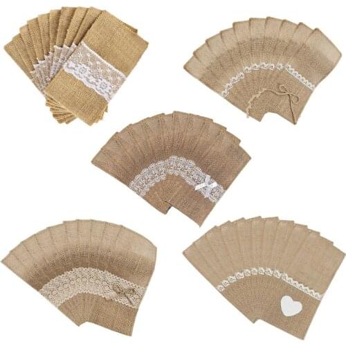 10pcs/Set Jute Lace Cutlery Bag Fork and Knife Holders for Wedding Party Family Dining Table Restaurant Coffee Shop Decor Bag