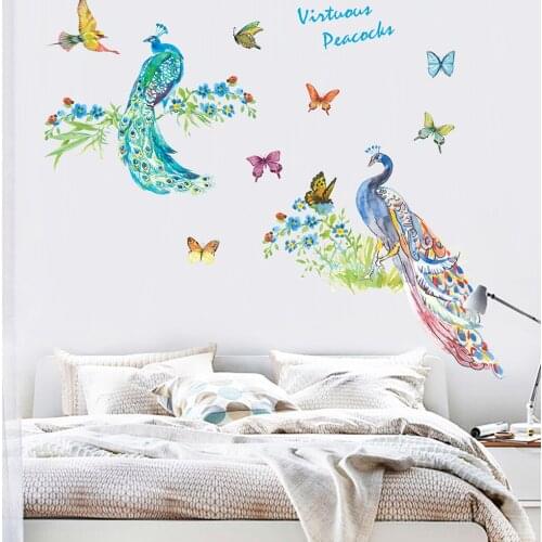 Feiqiong Newest Wall Sticker Floral Peacock Adhesive Wallpaper Floral Cute Animal Bedroom Decorative Decals PVC Sticker Decor