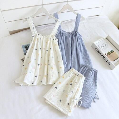 Cotton Yarn Summer New Thin Gauze Pijamas Women Suspender Shorts Vest Suit Korean Style Sweet Loose Casual Soft Home Sleepwear