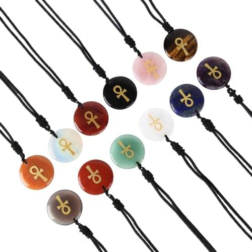 2021 Hot Sale Charm Pendant Natural Stone Engraved Anka Cross Reiki Symbol Healing Crystal Necklace Men Women Religious Jewelry