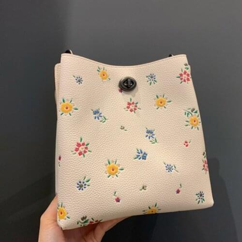 Fashion Women Flowers Printed Handbag Genuine Leather Buckle Shoulder Bags Ladies Totes Shopping Bags White Sling Crossbody Bag