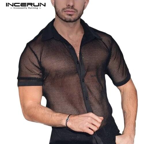 Men Shirt Mesh Transparent Lapel Short Sleeve 2021 Sexy Fashion Men Clothing Streetwear Button Party NIghtclub Camisas INCERUN