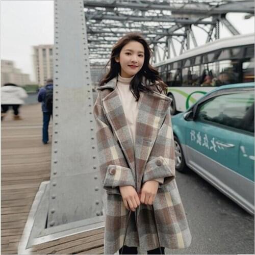 2019 Spring Autumn Women Plaid Coat New Fashion Long Woolen Coat loose Type Female Winter Jackets Female Outwear Z301