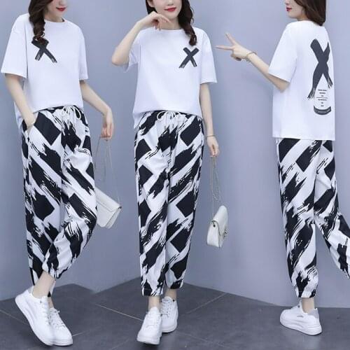 Plus size two piece set top and pants casual fashion nine-point pants loose suit ensemble femme deux pieces