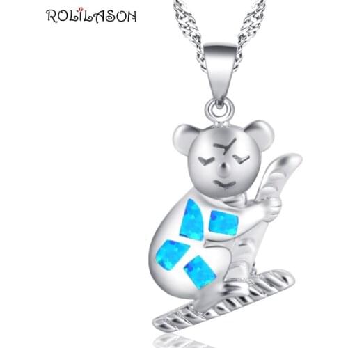 ROLILASON classic bear shape design silver color blue opal Pendant necklace party high-end exquisite gift OP846