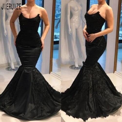 JIERUIZE Luxury Black Mermaid Evening Dresses Strapless Prom Gowns Backess Lace Appliques Bead Formal Dresses vestidos de fiesta