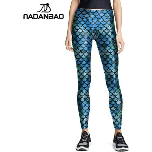 NADANBAO Spring Blue Leggings Women Mermaid Printed Pants Slim Sexy High Waist Trousers Elasticity Slim Legins Plus Size