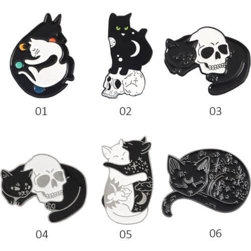 Cat And Skull Pins Yin Yang Brooches Witch Black Cat White Skull Head Hug Dark Witchy Accessories Enamel Pins