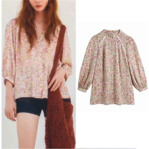 ZA Summer Women Blouse 2021 Floral Printed Round Neck Single Breasted Shirt Female Loose Thin Elegant Lantern Long Sleeve