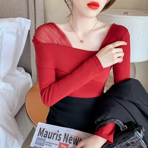 Spring Fall Korean Style Short T-Shirt Chic Sexy Oblique Shoulder Patchwork Mesh Women Tops Cotton Bottoming Shirt Tees T11905A