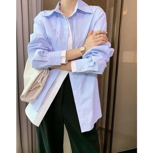 Zadily 2021 Autumn Women Turn-down Collar Button Shirt Office Lady Casual Shirts Long Sleeve Striped Splicing Casual Blouse