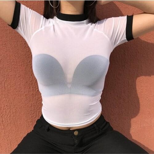 Women Sheer Mesh Fish Net Short Sleeve Turtle Neck Top Blouse Female Transparent See Through White Tops