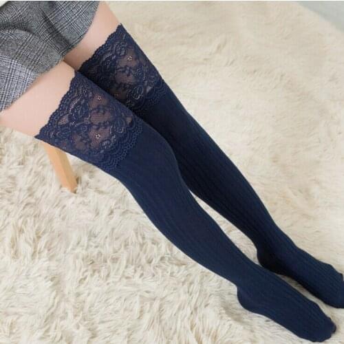 Women Girls Stockings Winter Warm High Over the Knee Socks Sexy Lace Patchwork Cotton Stockings 4 Colors