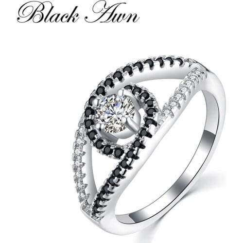 [SODROV] Black&White Stone Wedding Rings for Women Genuine 100% 925 Sterling Silver Jewelry C288