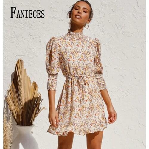 Summer Holiday Dresses Women Floral Chiffon puff Sleeve Dress Mini Vintage Office lady Vestido kobieta sukienka امرأة اللباس