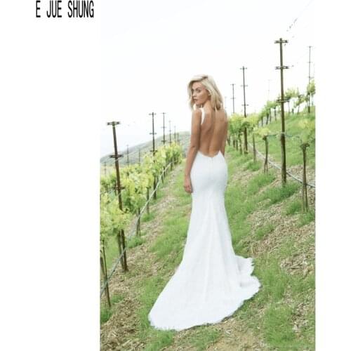 E JUE SHUNG Sexy Country Backless Mermaid Wedding Dresses Deep V Neck Lace Appliques Satin Beach Bridal Gowns Robe De Mariee