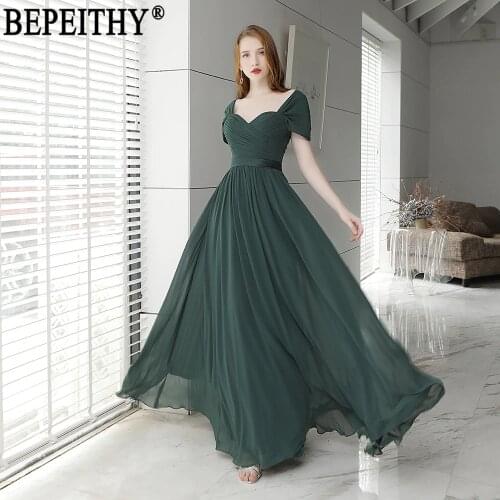 BEPEITHY Vestido De Festa Simple New Arrival Cap Sleeve Blackish Green Prom Dress Pleats Long Evening Dresses 2019