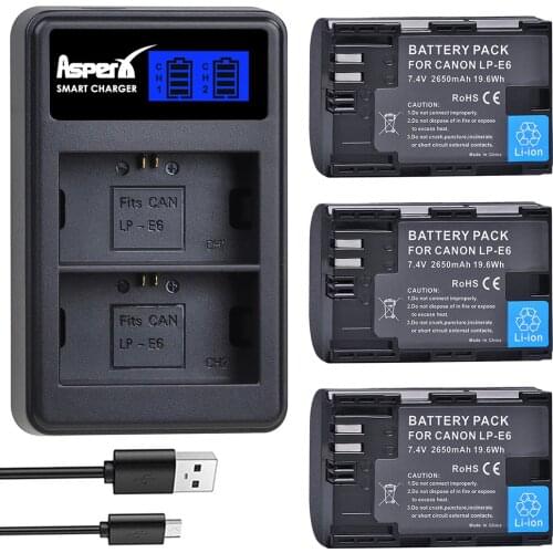 3PCS 2650mAh LP-E6 LP-E6N Battery for Canon EOS 5D Mark IV 5D2 5DS R Mark II III 3 6D 60D 60Da 7D 7DII + LCD Dual USB Charger