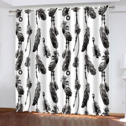3D Printing Personality Retro Feather Pattern Adult Bedroom Living Room Shade Custom Curtain Set Bedroom with Hook Accessories