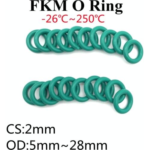50pcs (CS 2mm OD 5~28mm) Green FKM Fluorine Rubber O Ring Sealing Gasket Insulation Oil High Temperature Resistance Green