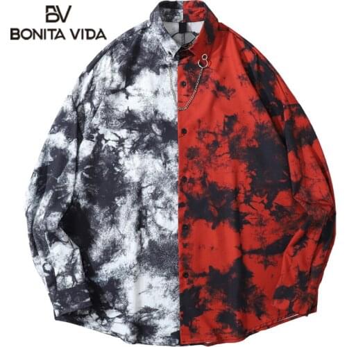 Bonita Vida Shirts Streetwear Two-Tone Color Block Patchwork Long Sleeve Button Shirt Hip Hop Harajuku Casual Hipster Tops