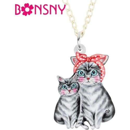 BONSNY Acrylic Mothers Day Sweet Bow-knot Cat Kitten Necklace Pendant Fashion Long Chain Novelty Jewelry For Women Girls Gifts