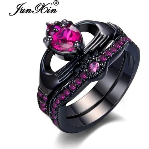 JUNXIN Vintage Heart Ring Sets For Women Black Gold Filled White Black Green Zircon Claddagh Ring Female Male Engagement Ring CZ