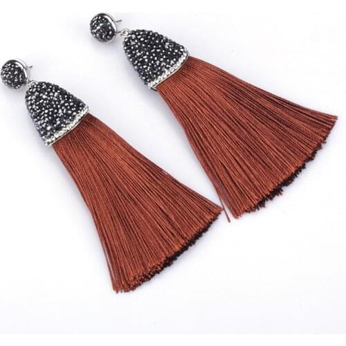 Boho Brown Collection Light Dark Coffee Brown Silk Thick Tassel Rhinestone Cap charm Studs Dangle Tassel Earrings For Women