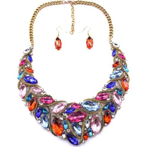 BK Colorful Gold Jewelry Set Charm Crystals Glass Necklace Earrings Choker Chunky Statement Gothic Bridal Jewelry Gift New