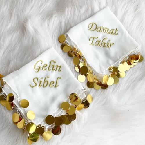 Customized Name Embroidered White Satin Fabric and Sequins Halay Mendili Groom Bride and Bridesmaids Henna and Wedding