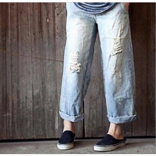 2020 New Arrival Loose Denim Pants knee hole denim trousers 23026-2